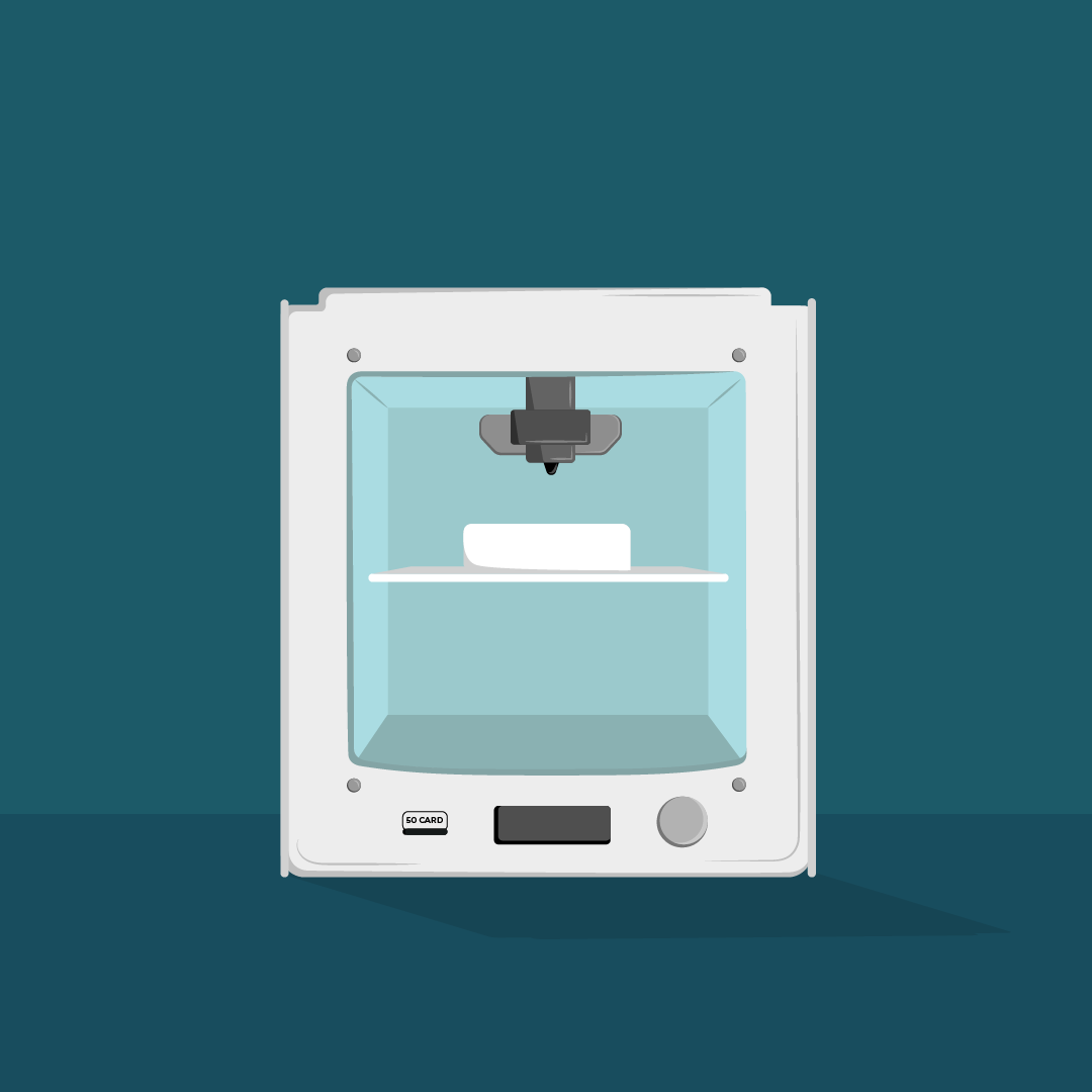 A graphic of a 3D printer