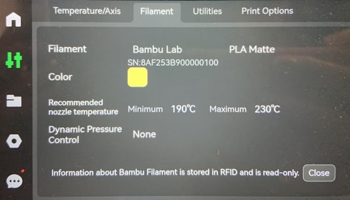 Filament screen for choosing filament type
